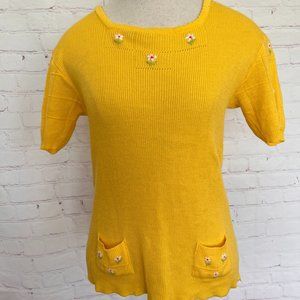 70's Bright Yellow Sweater - Embroidered Flowers - Pullover - Womens - Size Lar